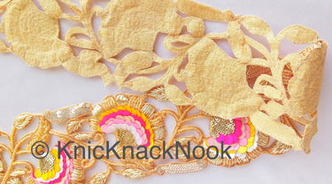 Exclusive Gold Hand Embroidered Cutwork Lace Trim, Floral Embroidery Beaded Trim, Sequins Trim